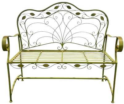 AcaciaHome Durable & Stylish 2-Seat Vintage Garden Bench in Green Antique Finish - Premium Wrought Iron with Rectangular Back & Arms, Outdoor Seating for Adults & Kids, Garden or Patio Décor