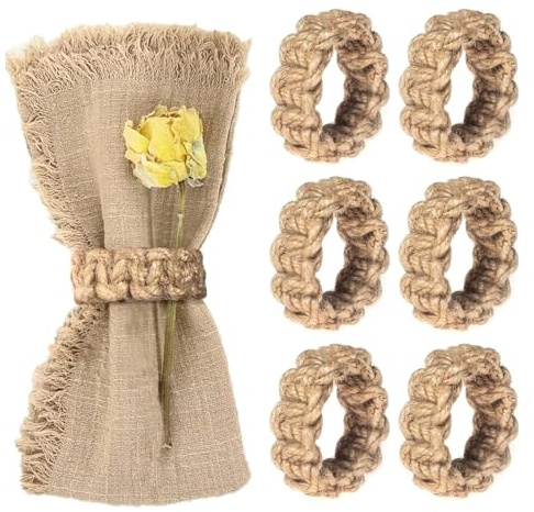 mophrati Esstischdekoration im Bohemian Stil, 6 Stück Serviettenringe aus natürlichem Seil, gewebte Verschlüsse, leicht zu reinigen, für Hochzeiten und