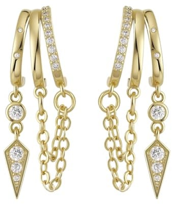 Emibele Silver Dangle Earrings for Women, Dainty Chain Drop Huggie Earrings with Cubic Zirconia Non Tarnish, Hypoallergenic Triple Hoops Huggie Dangle Earrings Trendy Jewelry Gifts