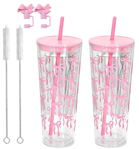 JOAASU 700ml Plastic Cups with Straw and Lid, 2Pcs Insulated Cup for Iced Coffee, Reusable Tumbler for Cold Drinks, Double Wall Plastic Cups for Office, Travel, Camping, Outdoor (Pink Bow)