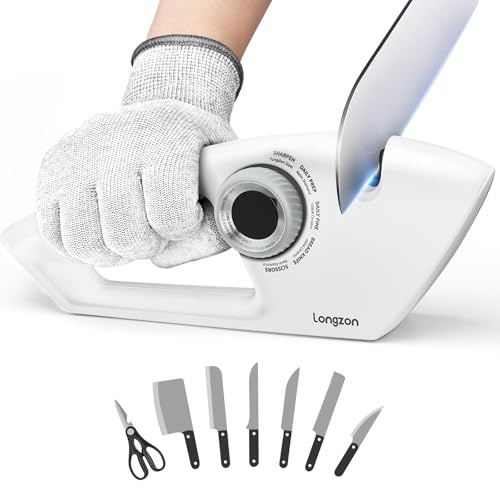 longzon Affilacoltelli Professionale, 5 in 1 Affila Coltelli da Cucin, Affilacoltelli Manuale per Coltelli Dritti, Coltelli da Cucina, Seghettati, Sicuro e Facile da Usare (Bianco)