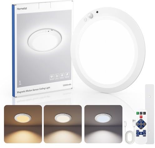 Homelist Magnet-Deckenleuchte mit Bewegungsmelder, 12000mAh Akku, 1 Stück | Wiederaufladbare Deckenleuchte, 3 Lichtfarben Dimmbar Fernbedienung Deckenlampe Badezimmer, für Flur Garage Senioren Kinder