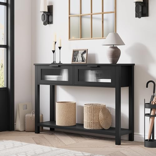 GarveeHome Slim Black Console Table with Glass-Front Drawers | 2-Tier Sofa Side Table, Open Shelf, Modern Farmhouse Accent for Entryway, Hallway, Living Room, or Behind Sofa