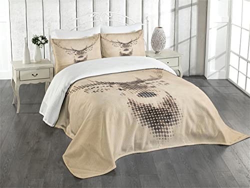 ABAKUHAUS Hirsch Tagesdecke Set, Deer Portrait mit Punkten, Set mit Kissenbezügen Kein verblassen, für Doppelbetten 264 x 220 cm, Braun Creme