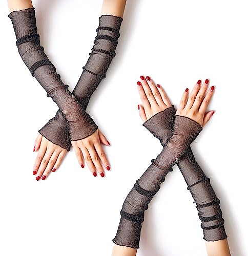 MUYDZ 2 Paar Damen Lange Arm Ärmel mit Spitze Mesh Tüll, Kühlende und Wärmende Dual Purpose Sun Sleeves für Frauen Mädchen, Schwarz, 20.5 inches long