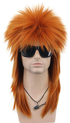 VGbeaty Vokuhila Perücke Lange Gerade Orange Perücke Männer Frauen Punk Rock Diva Kostüm Perücke