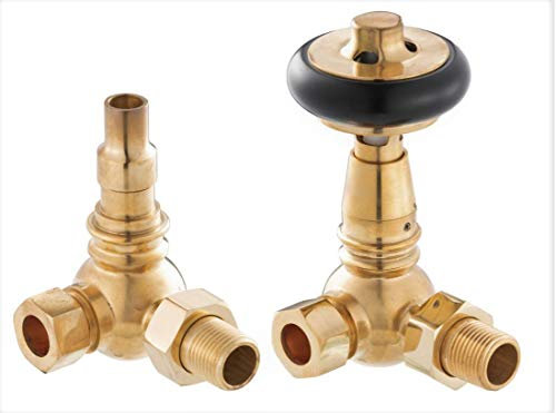 Arroll Petworth UK15 CTRV Corner Thermostatic Radiator Valve and Lock Shield Set | Un-Lacquered Old English Brass