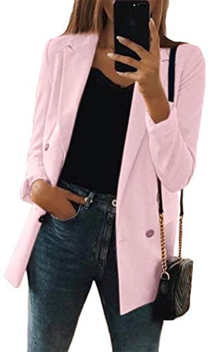 Minetom Femme Élégant Blazer à Manches Longues Slim Fit OL Bureau Affaires Veste de Costume Manteau Chic Bouton Cardigan Blouson Rose 40