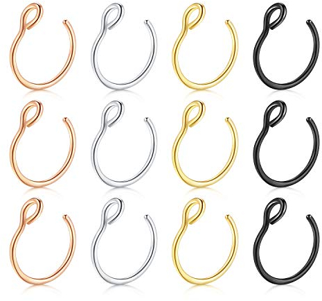 Rajnard Faux Piercing Nez Anneau Piercing Nez Acier Chirurgical 20G 8mm Fake Piercing Helix Lèvre Cartilage Bijoux de Piercing 12 Pieces 4 Couleurs