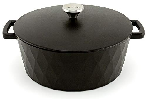 HearthStone Cookware - Cocotte Diamond de Hierro Fundido Esmaltado, Negro Satinado, 28 cm, 6.9 l. Para Todas las Superficies, incluyendo Inducción y Horno.