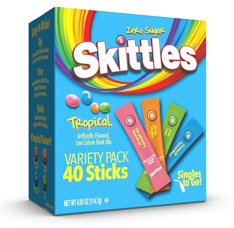 Skittles Singles To Go Tropical Flavors Variety Pack, 40 Count, Powdered Drink Mix, Zero Sugar, Low Calorie, Includes 4 Flavores: