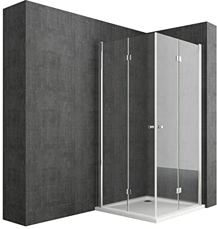 Durovin Bathrooms 900 x 800mm (WXD) Rectangular Frameless Shower Cubicle with Anti Slip Acrylic Shower Tray, L Shape Double Bifold Shower Doors - 6mm Safety Glass