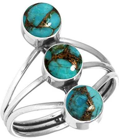 Jeweloporium Kupfer Blau Türkis Silber Ring Größe 50 (15,9), 925 Sterling Silber Ring für Damen, Runder Edelstein Boho Schmuck
