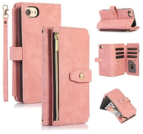 UEEBAI Hülle für iPhone 7 Plus/iPhone 8 Plus, 9 Kartenfäche Retro Leder Geldbörse Stoßfest Flip Case mit Handschlaufe Standfunktion Reißverschluss Handyhülle Magnetverschluss Wallet– Retro Rosa