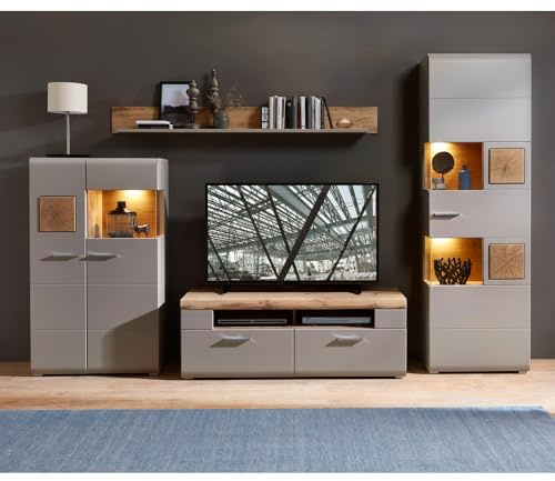 Lomadox Wohnzimmer Set in Basalt mit Absetzungen in Eiche Hirnholz Nb., B/H/T: ca. 325/205/47 cm