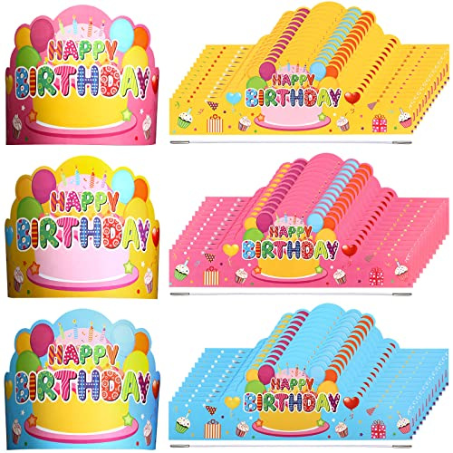 Yunsailing 36 Pcs Birthday Crowns Kids Classroom Party,Pink, Yellow, Blue