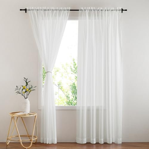PONY DANCE Extra Long Window Net Curtains Slot Top - 60 x 95 inches Sheer Curtains Lightweight Super Soft Semi Transparent Voile Panels for Bedroom/Living Room/Patio Door, Set of 2