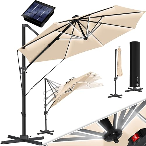 KESSER® Parasol SUN Redondo XL Ø330 cm Con LED Solar Sombrilla de Jardín con Cubierta + Seguridad Viento Ajustable 7 Posiciones Giratorio Inclinable Gira 360° Manivela Protección Solar UV50+ Beige