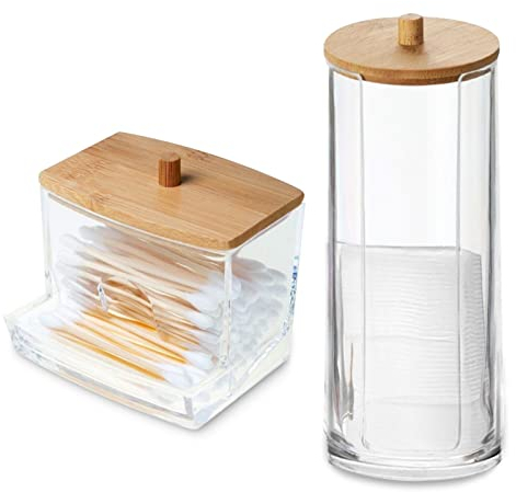 Aicharynic 2 Stück Qtip Halter, Wattepadspender, Acryl & Bambus, Transparent, Rechteckig, Badezimmer Organizer für Zahnseide Kosmetik Wattestäbchen