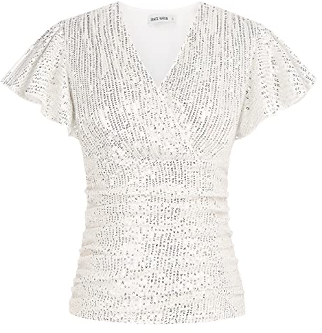 Damen Pailletten Chorhemd mit V-Ausschnitt Shirt Elegant Kurzarm Bluse Vintage Casual Tops Tunika Silber Weiss XL