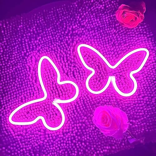 Butterfly LED Neon Sign, 2pcs Pink Neon Lights, USB or Battery Operated Art Light for Wall Decor, Teen Girls Bedroom, Birthday Party Gifts