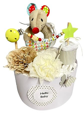 Windeltorte mit Name - Kuschtiere mini - Geschenk, Babyparty, Geburt, Taufe, Babygeschenk Sinchns Bastelzauber (Beige Bunt)
