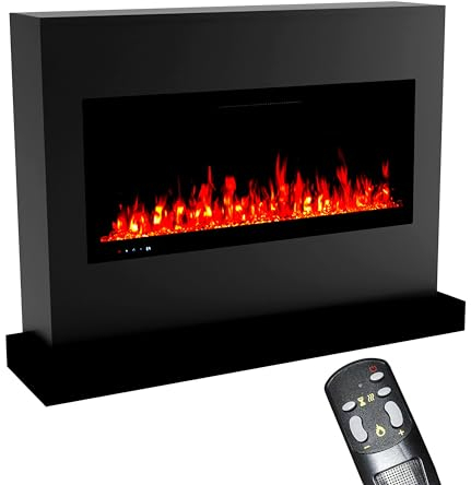 GLOW FIRE Elektrokamin mit Heizung und Kaminfeuer (Standkamin Zeus) - elektrischer Kamin mit LED-Feuer in 5 Farben, Heizlüfter, Deko & Fernbedienung - 135x100x35 cm, Schwarz