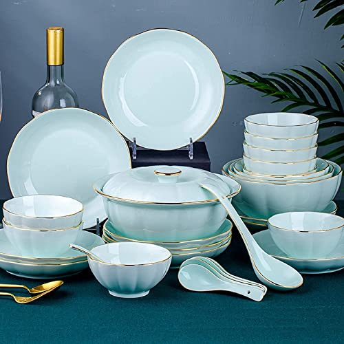 Juego de vajilla de porcelana de hueso para 8/18/30 piezas, moderno, azul, blanco, juego de vajilla de fiesta, plato de desayuno de porcelana, vajilla, cuenco de fideos para decoración, A (A)