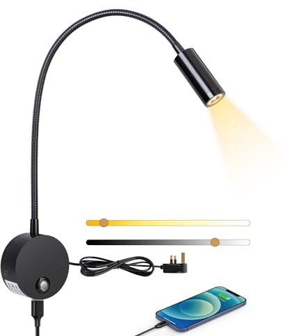 ERWEY Reading Lamp Wall Mounted, LED Wall Lamp Bedside Lamp with Switch Touch Dimmable and USB Charging Port, Bed Reading Light 360° Swivel Gooseneck Lamp with Plug and Cable for Bedroom, Black