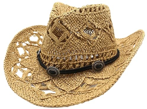 CNAFGBGG 1pc Straw Cowboy Hat Protection Sun Straw Cowgirl Hat Beach Beach Beat Bul Brim Western Cowgirl Hat, Esencial para Hombres acampando, Pesca, Caminata de Color Caqui