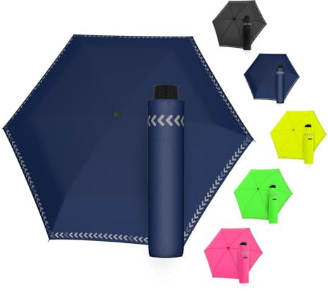 Doppler Regenschirm Safety Reflect in neon navy I Regenschirm mit reflektierendem Rand & Handöffner I Mini Schirm mit passender Schirmtasche I Kinderschirm reflektierend