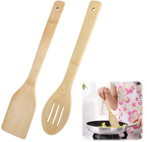 Set di 2 Spatole da Cucina in Legno, Spatola in Legno per Cucinare, Lunghezza 30cm, Antigraffio, Resistenti al Calore,1 Spatola Scanalata, 1 Spatola Solida, per Padelle Antiaderenti, Wok