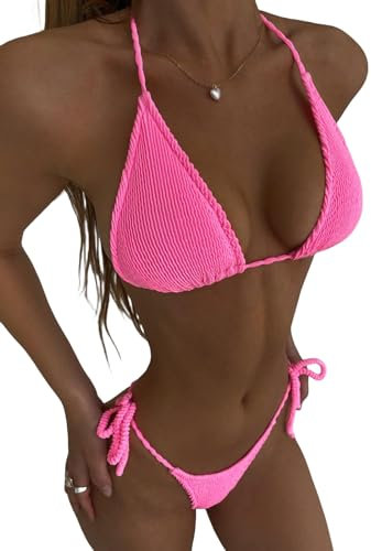 2024 Nuovo costume da bagno Bikini Set da 2 Pezzi da Donna Tessuto Rugato Costume Da Bagno Tinta Unita Brillante, Rosa, M