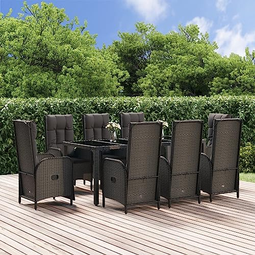 SECOLI Rattan Gartenmöbel Set 8 Stühle Verstellbare mit Tisch Garten Sitzgruppe 8 Personen Sitzgarnitur Gartentisch mit Stühlen Set Gartenmöbel essgruppe-Schwarz-9-tlg-190 cm Tischlänge