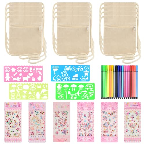DASHUAIGE 12 Stück Stoffbeutel zum Bemalen für Kinder, Kleine Schultertaschen mit 6 Blatter Diamant-Aufkleber 18 Buntstift und 4 DIY Malschablonen, Brustbeutel für Schule, Party, Feier, Geschenk