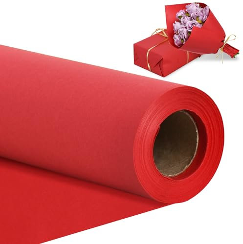 RIBBOOO Papier d'emballage rouge 30,8 x 90,5 m, papier kraft pour emballage cadeau, bouquet de fleurs, emballage d'anniversaire, Noël, fête des mères, mariage, Saint-Valentin décoration