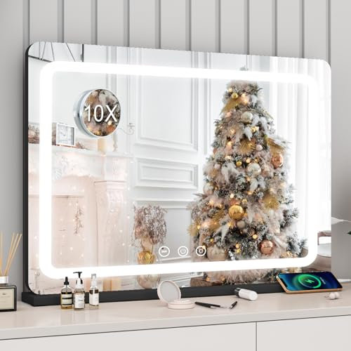 Dradaomull Schminkspiegel mit Beleuchtung, Großer Hollywood Spiegel mit USB und 10x-Lupe, 3 Lichtfarben, Wandspiegel, Tischspiegel für Make up Spiegel- 80x55cm (Schwarz)