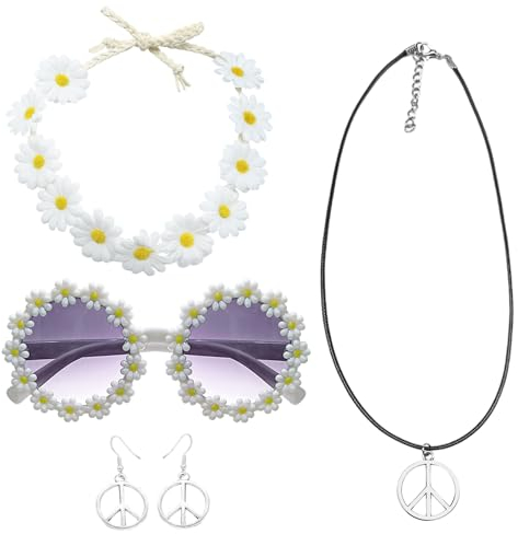 FUIPVGI 5 Stücke Hippie Kostüm Zubehör Set, 60er 70er Kostüm Zubehör, Gänseblümchen Blumen Stirnband Vintage Rund Brille Friedenszeichen Halskette und Ohrringe, Verkleidung Hippie Party Zubehör (Weiß)