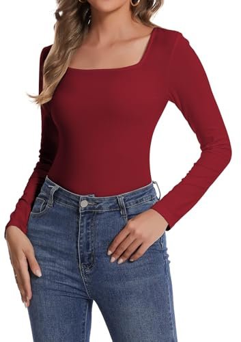 SHAPERIN Women Long Sleeve T-Shirt Elegant Square Neck Top Blouse Plain Stretchy Shirt Casual Tee, Wine Red, L