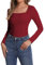 SHAPERIN Women Long Sleeve T-Shirt Elegant Square Neck Top Blouse Plain Stretchy Shirt Casual Tee, Wine Red, L