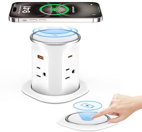 ANNQUAN Motorized Pop Up Countertop Receptacle with 15W Wireless Charger,Max 20W Power Delivery,3.15 Automatic Pop Up Electrical Outlet with 4 Outlets 4 USB Ports for Home Office Kitchen White