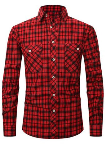 Wirltte Mens Shirts Long Sleeve Casual Flannel Checked Plaid Regular Fit Button Down Shirt with Pockets Red XL