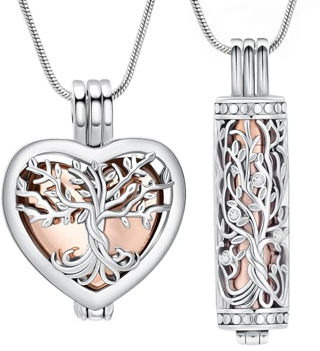VCCWYQK Baum des Lebens Urnenhalskette für Asche Einäscherung Schmuck mit hohlen Fläschchen Zylinder Keepsake Memorial Lockets Asche Halter für Frauen Männer Haustier