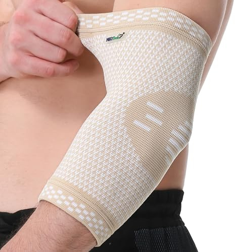 NEOtech Care Ellenbogenbandage - Bambusfaser & 3D-Strickgewebe - elastisch & atmungsaktiv - für Golf, Tennis, Sport - rechter oder linker Arm (Beige, 1 Einheit, Größe XL)