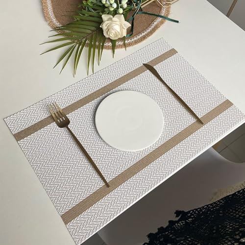 Homxi 8er Set Platzsets,30 x 45 cm,Platzsets Vinyl Rechteck mit Streifen Platzdeckchen Abwaschbar Beige Weiß