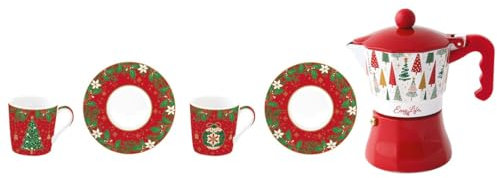 EASY LIFE Lot de 2 tasses à café avec soucoupe et moka Jingle Bells