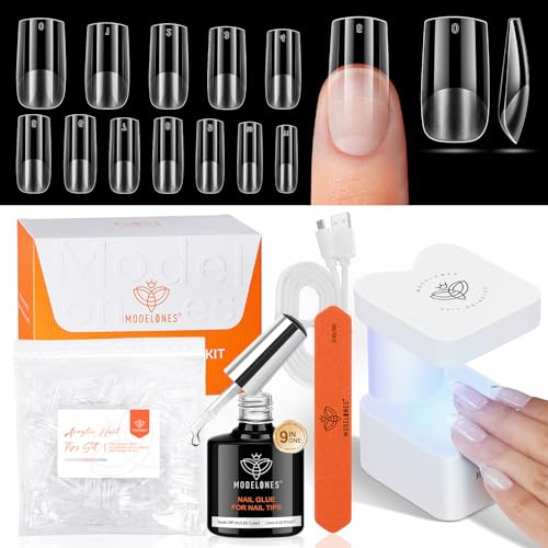 modelones Gel Nail Kit, Gel Nail Tips Medium Square, Nail Glue & Portable U V Nail Lamp