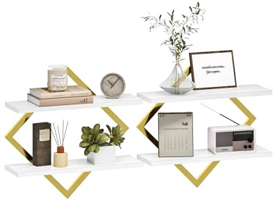 CHOEZON Floating Shelves, Set of 2 Wall Shelves, 2-Tier Hanging Shelves, Wall Shelf Set of 2, Wall Mounted Shelves, for Living Room, Bedroom, Kitchen, Office, Study, Gold and White DTBJ01P2JW