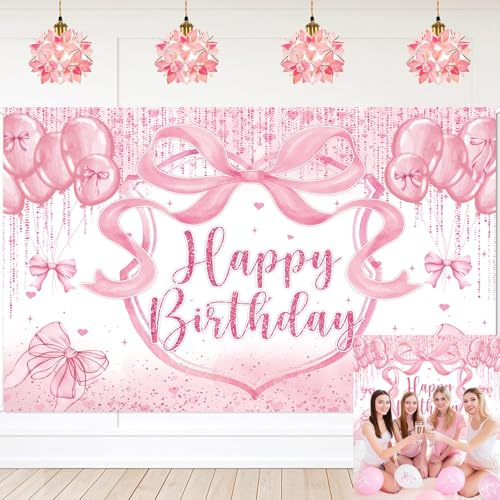 Bow Coquette Birthday Backdrop 7x5FT Pink Bow Happy Birthday Photography Background Girls Women Bachelorette Party Decorations Background