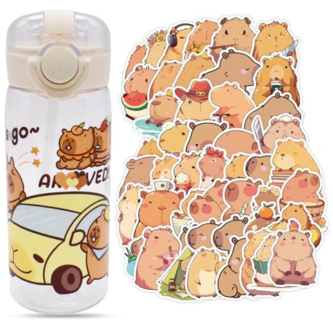 SYTTNUM Botella de Agua con Pajita para Infantil, Capybar Botella de Agua para niños,Pegatinas Capybar, para Escuela, Deporte, Senderismo y Actividades al Aire（400ml）